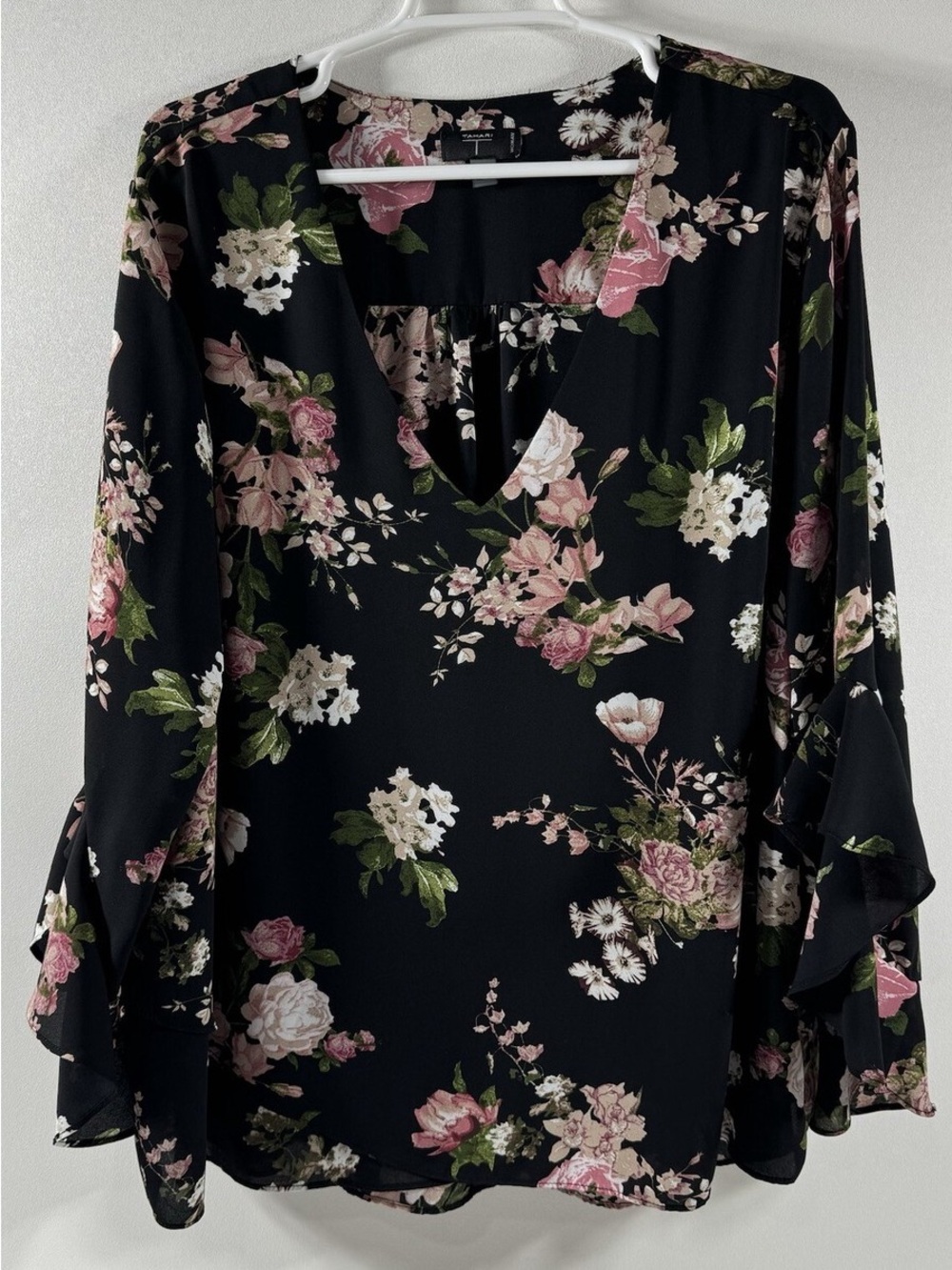 Tahari Black Floral V-Neck Flutter Sleeve Blouse